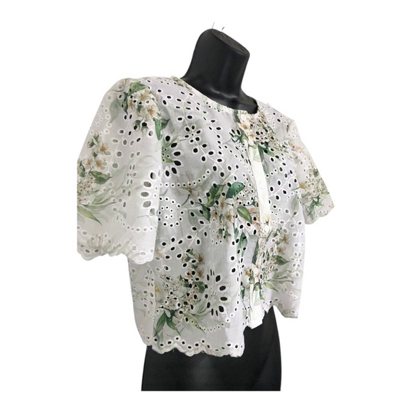 White crochet eyelet style green floral button down blouse top size Large new - Picture 9 of 15